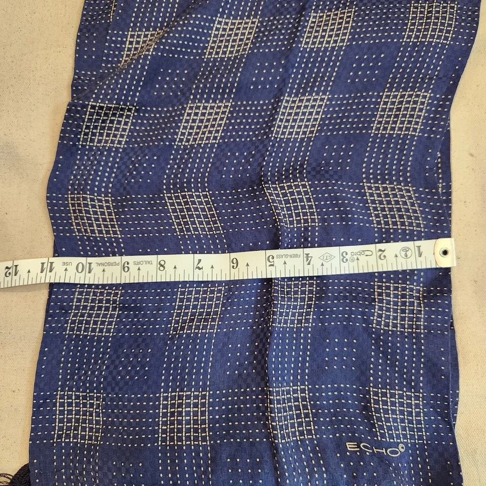 Echo Blue Silk Scarf Geometric Plaid Grid Pattern Fringe Tassels Designer Neck